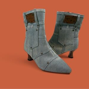 Denim pocket and hardware heeled kitten booties